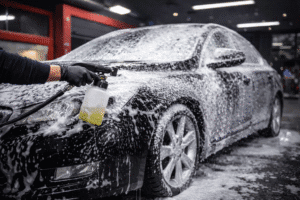Professional car detailing service applying foam wash to protect vehicle paint.