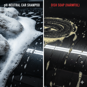 Comparison showing pH-neutral car detailing shampoo safely cleaning paint versus dish soap damaging car clear coat.