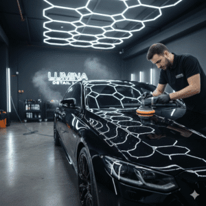 Professional car detailing expert polishing a luxury vehicle to restore paint shine and protection.